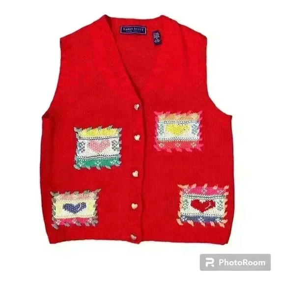 Karen Scott Sweaters - Vintage Embroidered Patchwork Hearts Sweater Vest Size Medium Hand Knit Cottage